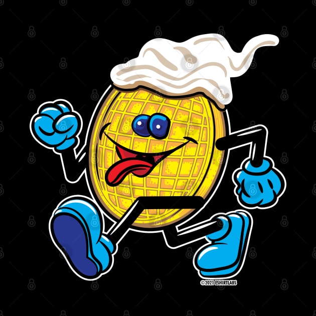 Happy Smiling Waffle Mascot strutting with Blueberries and whipped cream by eShirtLabs