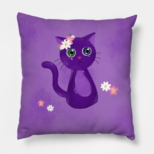 Purple cat with hazard and blue eyes Pillow