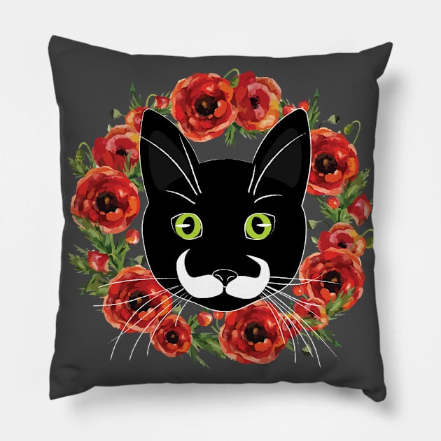 Mustache Cat with Flowers Pillow by EMthatwonders