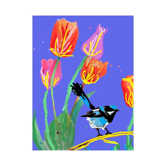 Abstract Blue Wren and Tulips Painting - on Purple by SarahRajkotwala