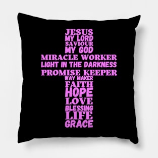 Words about Jesus in the shape of a cross - pink text Pillow