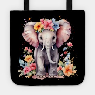 A baby elephant decorated with beautiful watercolor flowers Tote