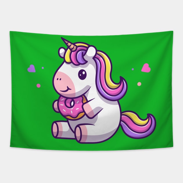 Cute Unicorn Holding Doughnut Cartoon Tapestry by Catalyst Labs