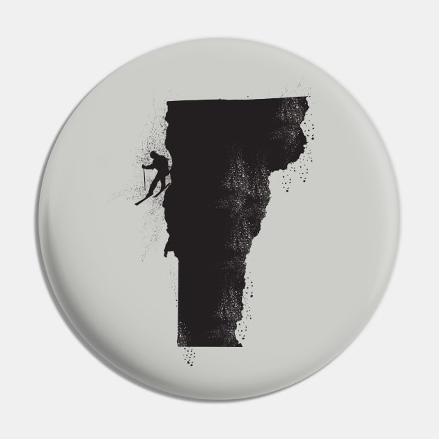 Ski Vermont Skier Distressed Black Illustration Pin by HungryDinoDesign