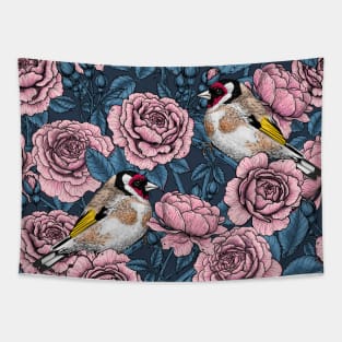 Pink Rose flowers and goldfinch birds Tapestry