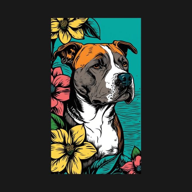 American Staffordshire Terrier PitBull Dog Vibrant Tropical Flower Tall Retro Vintage Digital Pop Art Portrait 4 by ArtHouseFlunky