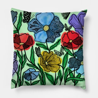 BOTANICAL FLORALS AND UNIQUE BUTTERFLIES DOODLES  _ DIGITAL BLACK LINE & WATERCOLORS Pillow