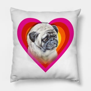 Rainbow super cute pug on a heart Pillow