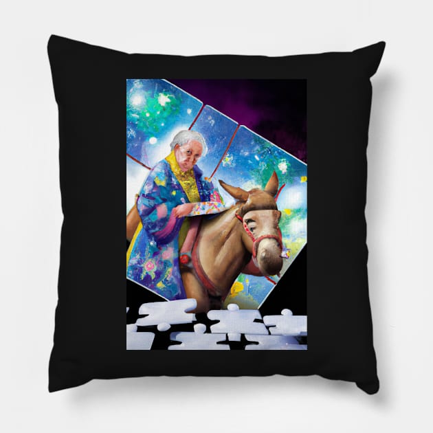 Old Lady in kimono riding a donkey greeting card Pillow by JohnCorney