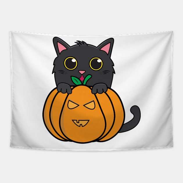 Cute black kitty halloween pumpkin Tapestry by Rebrand