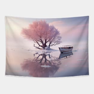 Tree In Calm Lake Serene Landscape Tapestry