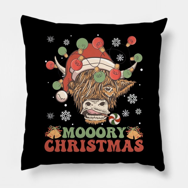 Scottish Highland Cow With Santa Hat Funny Moory Christmas Pillow by DenverSlade