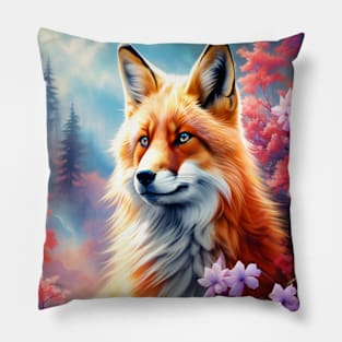 Red Fox with Flowers and Forests Pillow