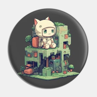 Small cute cat character sitting on a small building Pin