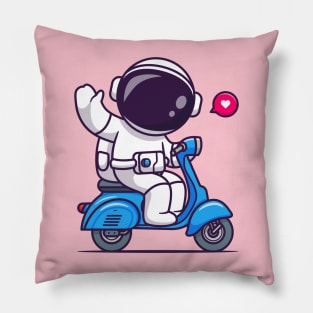 Cute Astronaut Waving Hand On Scooter Cartoon Pillow