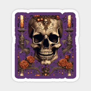 Ancient Skull, Red Roses And Vintage Candlesticks Halloween Art Magnet