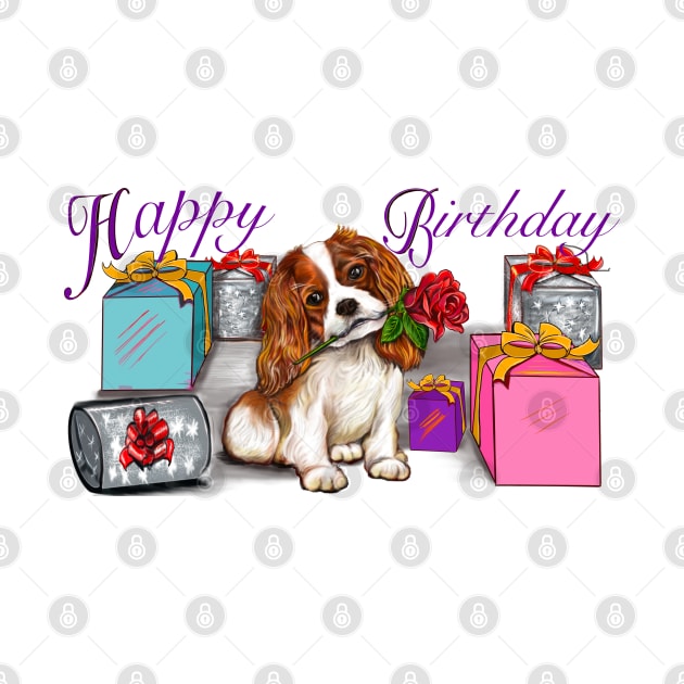 Happy birthday Cavoodle puppy dog with rose in its mouth surrounded by gifts ii. Cavapoo birthday by Artonmytee