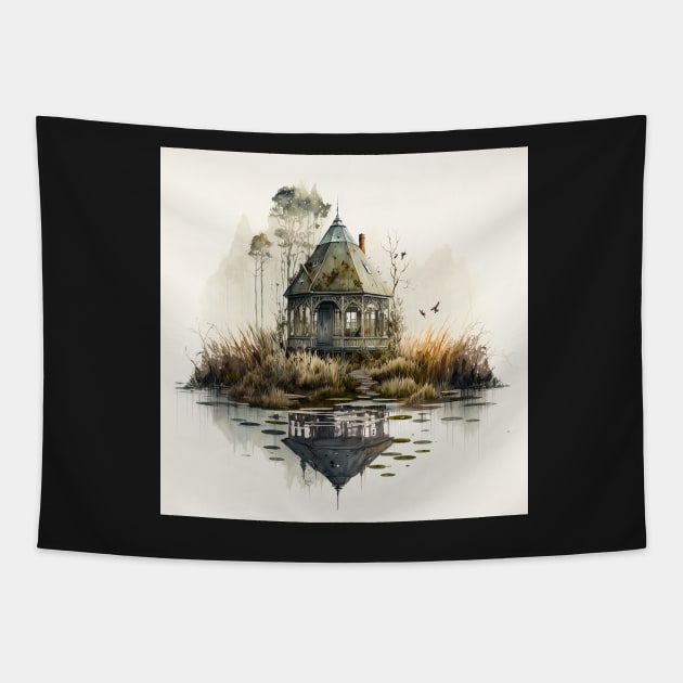 Swamp Lands Cabin Watercolor Tapestry by Abili-Tees
