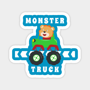 Cartoon vector of monster truck with little animal driver. Magnet