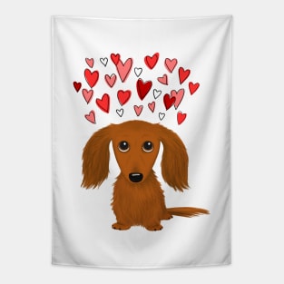 Cute Dog | Longhaired Red Dachshund with Hearts | Valentine's Day Tapestry