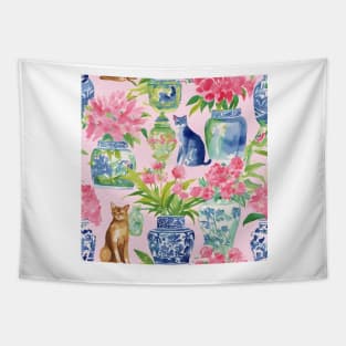 Cats and chinoiserie jars on baby pink watercolor painting Tapestry