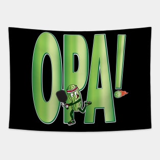 Opa! Funny Pickle playing Pickleball, with paddle and lucky sneakers! Tapestry