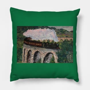 Train steaming over bridge Pillow