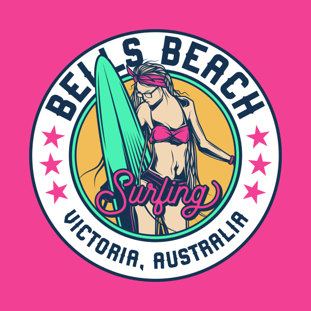 Retro Surfer Babe Badge Bells Beach Victoria, Australia by Now Boarding