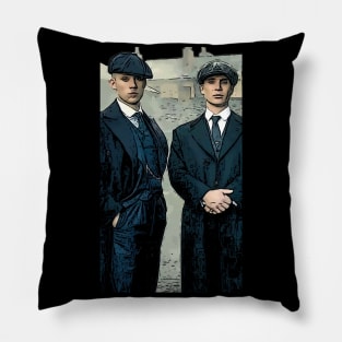 Thomas Shelby stands there emotionally, well dressed, with a family member as abstract comic art Pillow