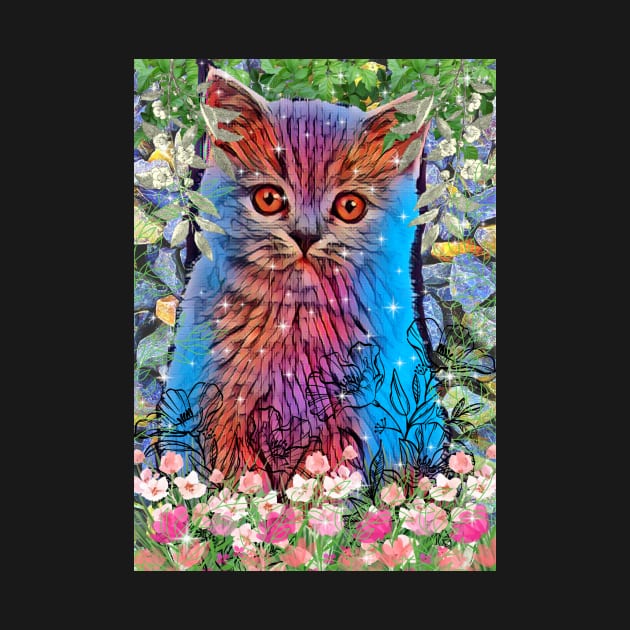 Cute kitten sitting in garden of pink flowers by FineArtMaster