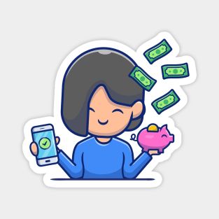 Cute Girl Holding Phone And Piggy Bank With Money Magnet