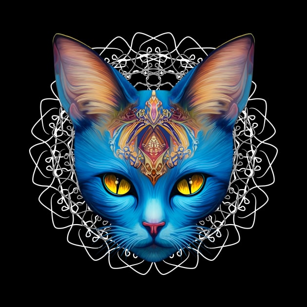 Cat Blue Divinity in Mandala Surreal Digital Art by BluedarkArt