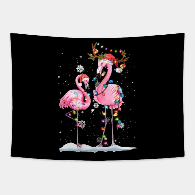 Christmas Flamingo Santa Hat Xmas Lights Flamingo Loves Shirt Tapestry by Rozel Clothing