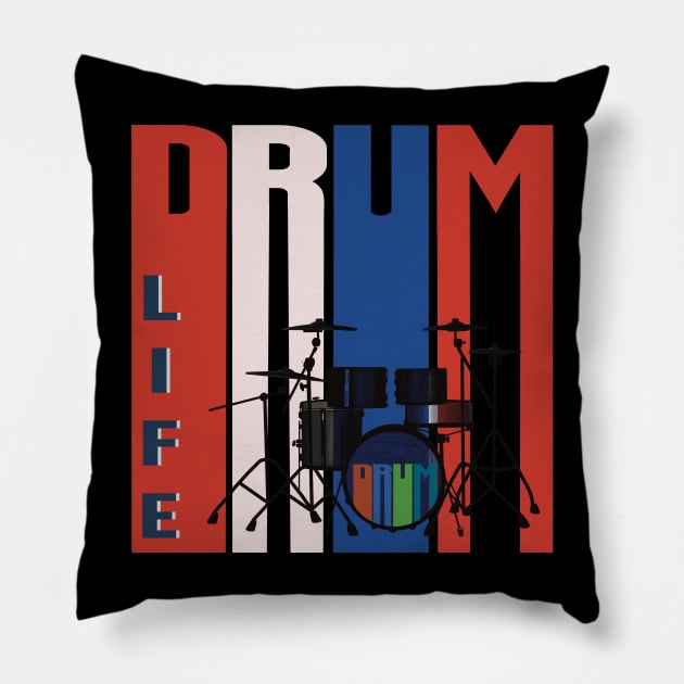 Drum kit on coloured Lettering Pillow by KateVanFloof