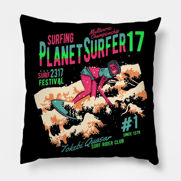 Planet Surfer Sci-Fi Skull Design Retro Futuristic Waves Pillow by TOKEBI