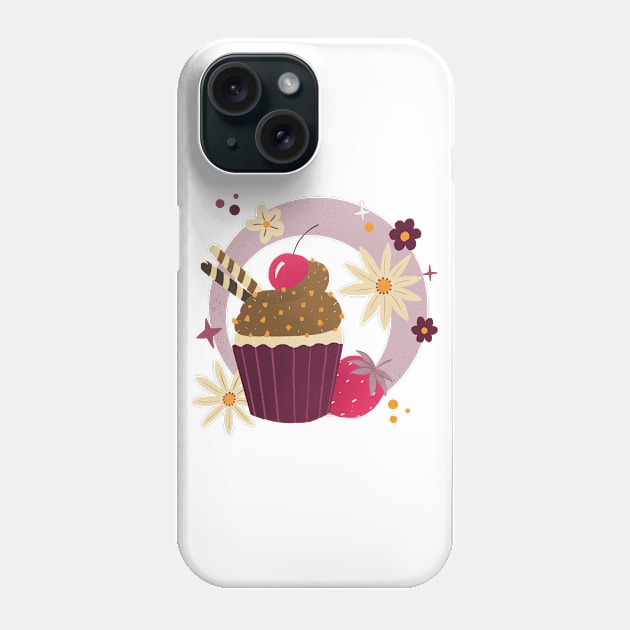 Retro Chocolate Cupcake, Strawberries and flowers Phone Case by Home Cyn Home 