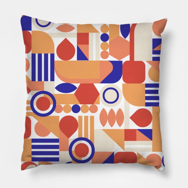 Geometric pattern mid century modern orange blue Pillow by carolsalazar