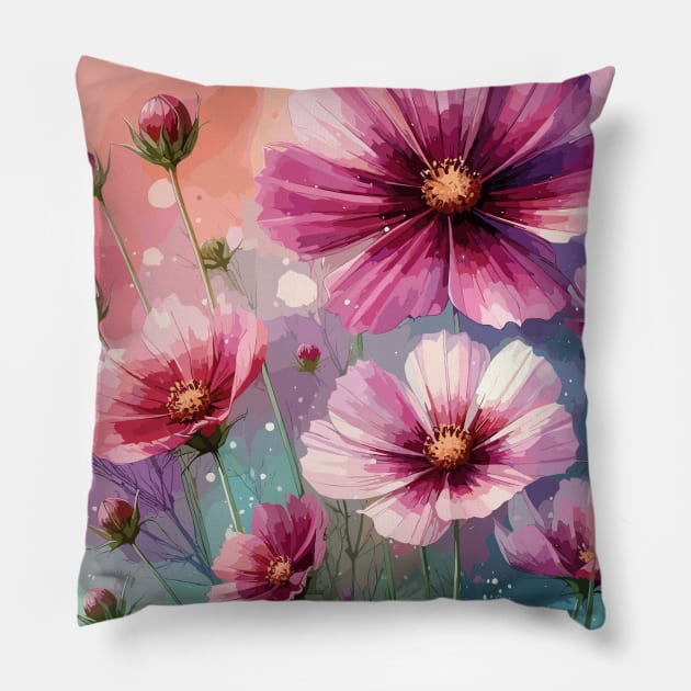 Pink Cosmos Flowers Pillow by Jenni Arts