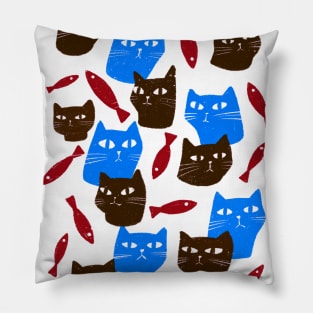 Blue and brown cats with red fish Pillow