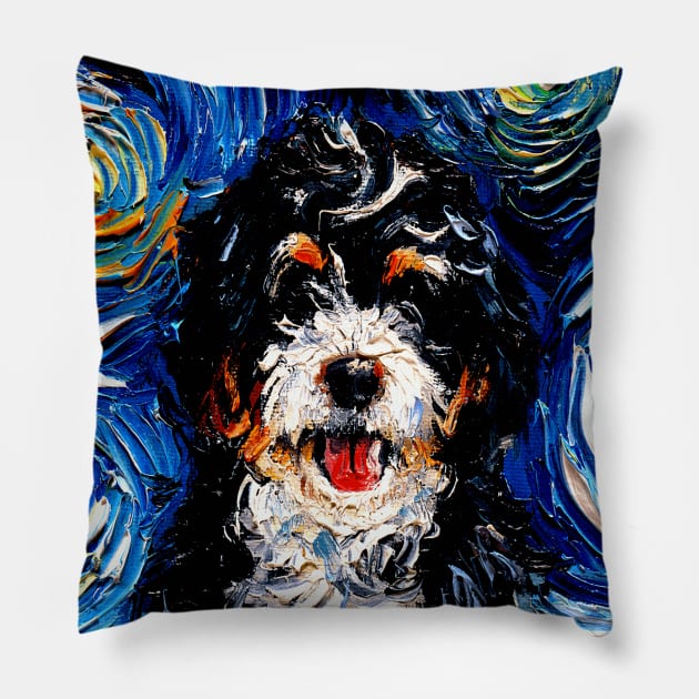 Bernedoodle Night (Portrait) Pillow by sagittariusgallery