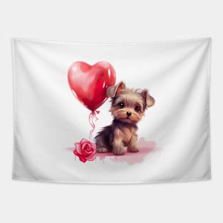Cute Yorkshire puppy with valentine balloon and rose Tapestry