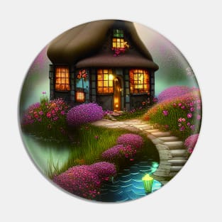 Sparkling Fantasy Cottage with Lights and Glitter Background in Forest, Scenery Nature Pin