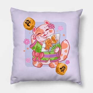 Nice cat. Japanese cat in flowers. money cat Pillow