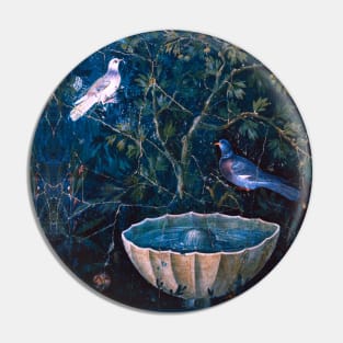 POMPEII COLLECTION DOVES AND FOUNTAIN  IN GARDEN ,BLUE  GREEN FLORAL Pin