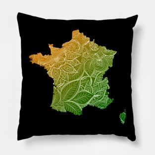 Colorful mandala art map of France with text in green and orange Pillow