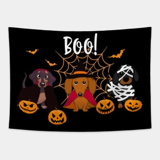 Halloween spirit  Dachshund dog Boo playful pumpkin Tapestry