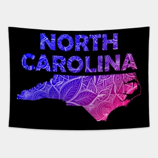 Colorful mandala art map of North Carolina with text in blue and violet Tapestry