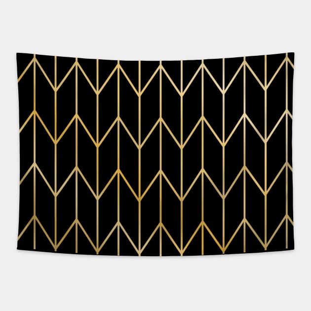 Black And Gold Geometric Chevron Pattern Tapestry by speckled