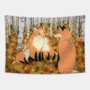 Fox family in the autumn forest Tapestry