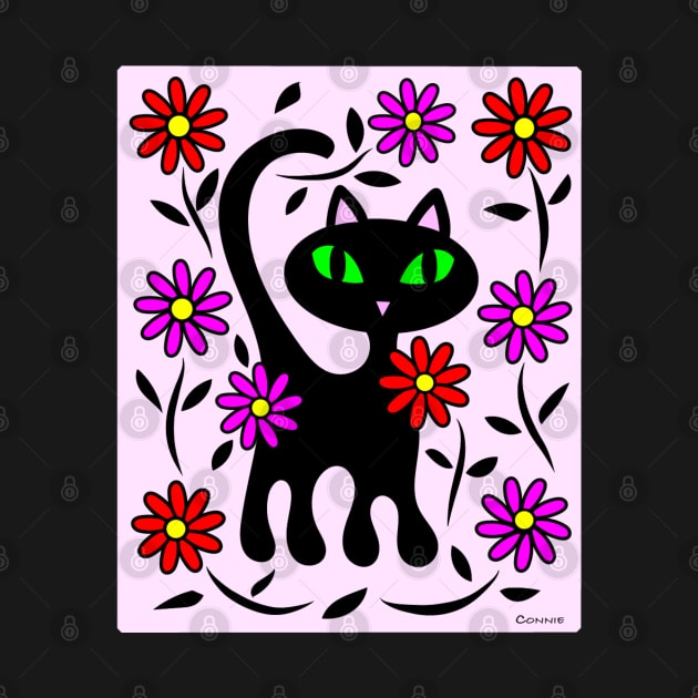 Black Kitty Cat in Flower Garden by Designs by Connie